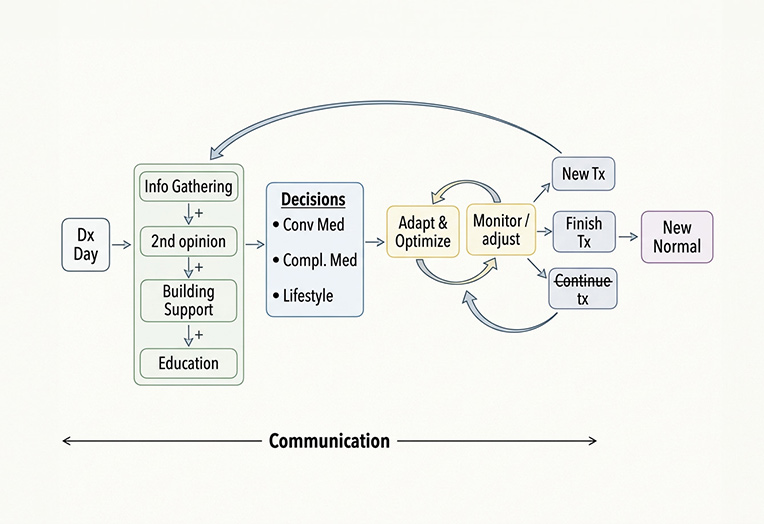Healing journey framework Healing journey flowchart from diagnosis through information gathering, treatment decisions, monitoring, and a new normal, with communication throughout.