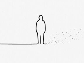Minimalist figure standing where a solid line dissolves into scattered dots.