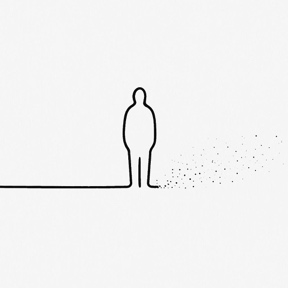 Minimalist figure standing where a solid line dissolves into scattered dots.